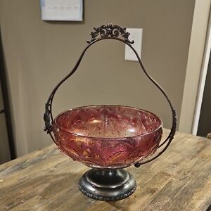Antique Victorian Cranberry Thistle Bowl on Intricate Silver Plated Stand.
